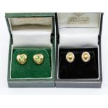 A pair of 18ct gold stud earrings, 1.5gms; and a pair of 14k gold and peridot heart shape