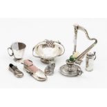 A group of miniature silver: 800 standard items to include: a Harp, chamberstick, shoe with 925