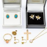 A pair of 9ct gold and opal stud earrings, a 9ct gold and opal pendant necklace; a 9ct gold and