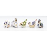 Five Royal Crown Derby paperweights including hamster, two birds, rabbit and small duck, silver