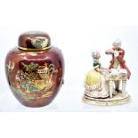 Carlton ware ginger jar, sold by Harrods, Continental figure and a jardiniere stand and pot