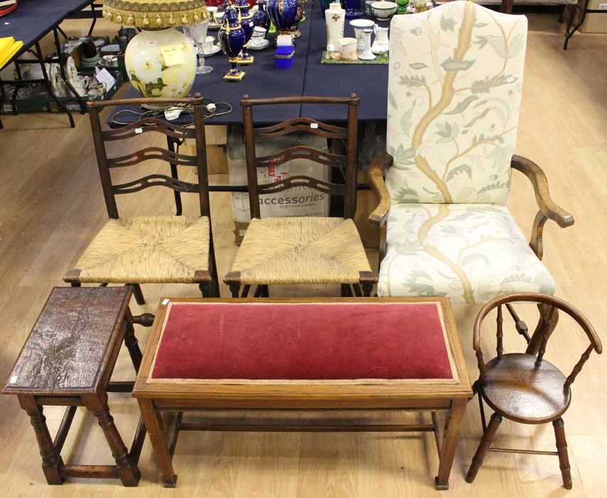 A collection of furniture, comprising a pair of ladder back rush seated chairs, a 17th Century style