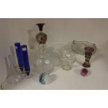 A collection of assorted glassware, comprising inverted baluster vase, a pair of blue vases, a large