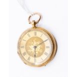 A 14ct gold open faced pocket watch, gold tone dial, Roman numerals, foliate decoration to dial,
