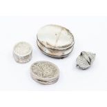 A collection of silver boxes to include: an oval ring box on four canted feet, fitted interior,