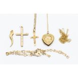A collection of 9ct gold, comprising cross pendant and chain, bracelet fragment, chain and rolled