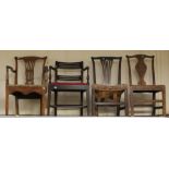 Four various George III chairs, comprising a Chippendale period mahogany side chair, an elm