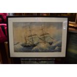 Watercolour of HMS Warrior under rough seas, unsigned, 40 x 60cm, framed and glazed ***