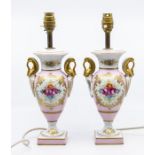 A pair of Limoges table lamps (one is AF), pink and white hand painted flower detail *** Provenance: