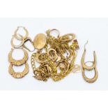 Seven pairs of 9ct gold hoop earrings; assorted 9ct gold chains and bracelets, total gross weight
