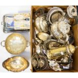 A collection of silver plated items including food trays, bowls, wine coasters, engraved teapots,