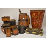 Collection of mainly treen items: hand-painted, coopered and banded peat bucket, 19th Century