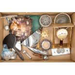 A collection of assorted silver plated items, including a silver collar, napkin rings, clock,