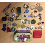 Tin of mixed enamel badges, Boxed Coronation Medal 1937, AMCE City Whistle, collar studs, cuff