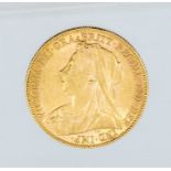 An 1899 Victoria "Veiled bust" gold sovereign, London mint.