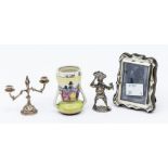 A group of silver miniatures to include: a George V silver mounted ceramic posy vase, body painted