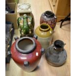 A collection of stone ware large vases, elephant garden seat, along with other ceramics