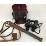 BC & Co Ltd leather bound telescope along with Ross of London binoculars