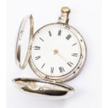 A silver hunter pocket watch, white enamel dial, approx 45mm, Roman numeral markers, gold tone hands