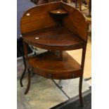 A 19th Century mahogany corner wash stand, with single drawer and bowl cover, 105cm high (2)