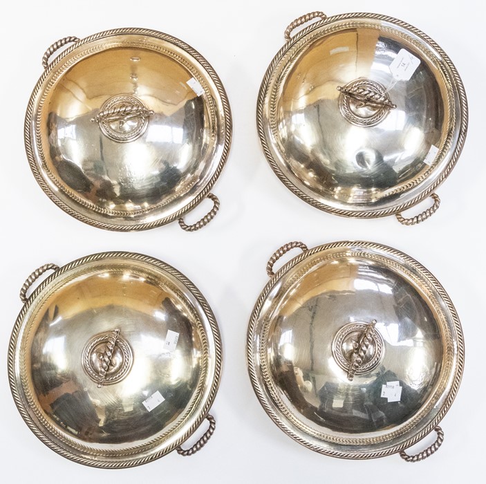 A set of four late 19th/early 20th century EP entree dishes, rope twist detail, Staffordshire knot