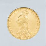 An 1889 Victoria "Jubilee bust" gold sovereign, London mint.