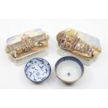 Two 18th Century tea bowls, blue and white along with two Pratt ware toothpaste pots