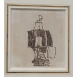 Attributed to William Daniel R.A (1769-1837), sepia drawing of a tall ship, 7.5cm x 7cm, framed