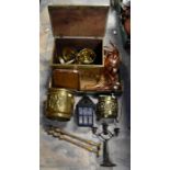 A collection of brass, copper and iron wares, including coal boxes, bed pan, display hunting
