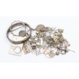 Silver jewellery, including bangle, charm bracelet, Tiffany & Co keyring, chains, earrings, ingot,