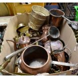 A collection of brass and copper wares, 18/19/20th Century, cooking pots, hot water kettles,