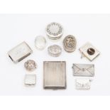 A collection of silver to include two stamp holders, vesta case; various pill boxes; two match box