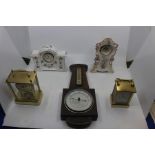 Two ceramic 1950's mantle clocks, two brass carriage clocks, battery operated and a wall