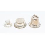 Three various silver inkwells to include: Victorian circular example ogee with gadroon section,
