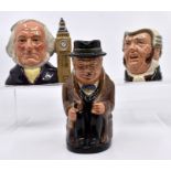 A collection of Royal Doulton character jugs including the Trapper, The Cardinal, Robin Hood,