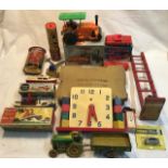 Vintage toys: to include Chad Valley wooden counting clock, two Penguin clockwork boats, Tinplate