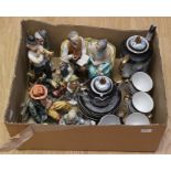 A collection of Capodimonte style figures along with Japanese tea set with Geisha girls heads