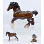 Royal Doulton shire horse and small Doulton pony along with a Beswick bird