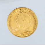 An 1892 Victoria "Jubilee bust" gold half sovereign, London mint.