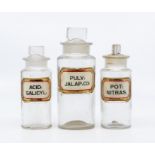 Three glass mid 20th Century chemist jars