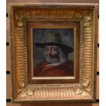 British School (19th Century) Portrait of a Man in hat and cloak oil on board, 16.5 x 14cm