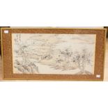 A Japanese woodblock print, possibly Meiji period, depicting a foliate landscape, pen and ink,