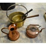 A selection of brass and copper, 3 pans, 1 kettle, 1 jug