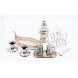 A group of early 20th Century table silver to include: silver mounted boat shaped and glass butter