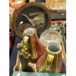 A collection of metal wares including figures, brass trays, brass boxes, glass wares, ceramic vases,