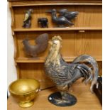 Large tin table cockerel, with two smaller metal birds, bowl, elephant etc *** Provenance: from