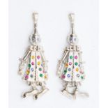 Two matching silver articulated charms in the form of clowns, the outfits set with multi coloured