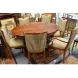 A contemporary, Italian style, marquetry effect, oval pedestal table, 150 x 120cm, along with a