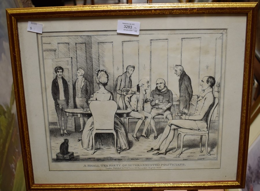 A group of satirical etchings and engravings along with a modern engraving of 1840 Mickleover and