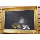 M W Huggins, British (born 1927), still life of goblet and grapes on silver charger, signed and